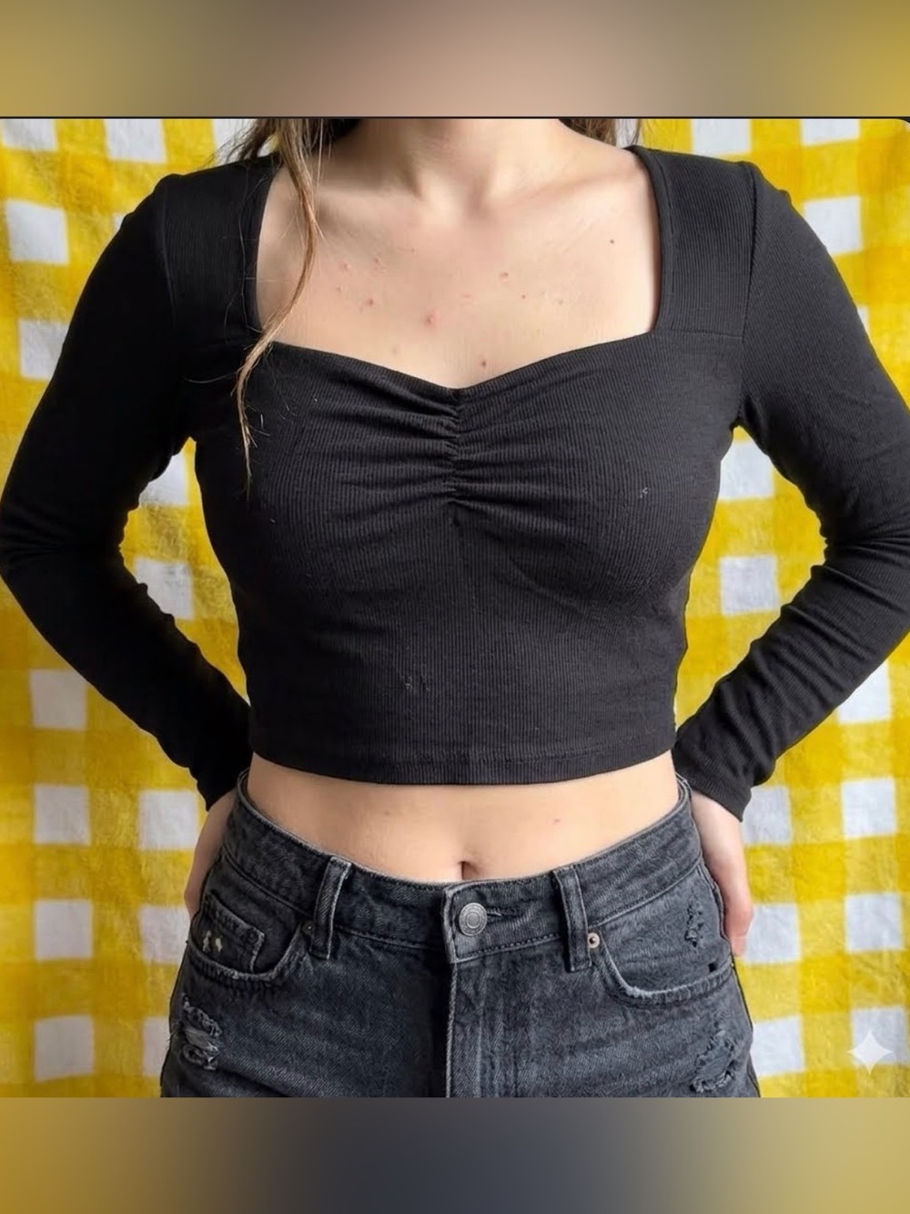 SHEIN Black Ribbed Ruched Square-Neck Long Sleeve Crop Top